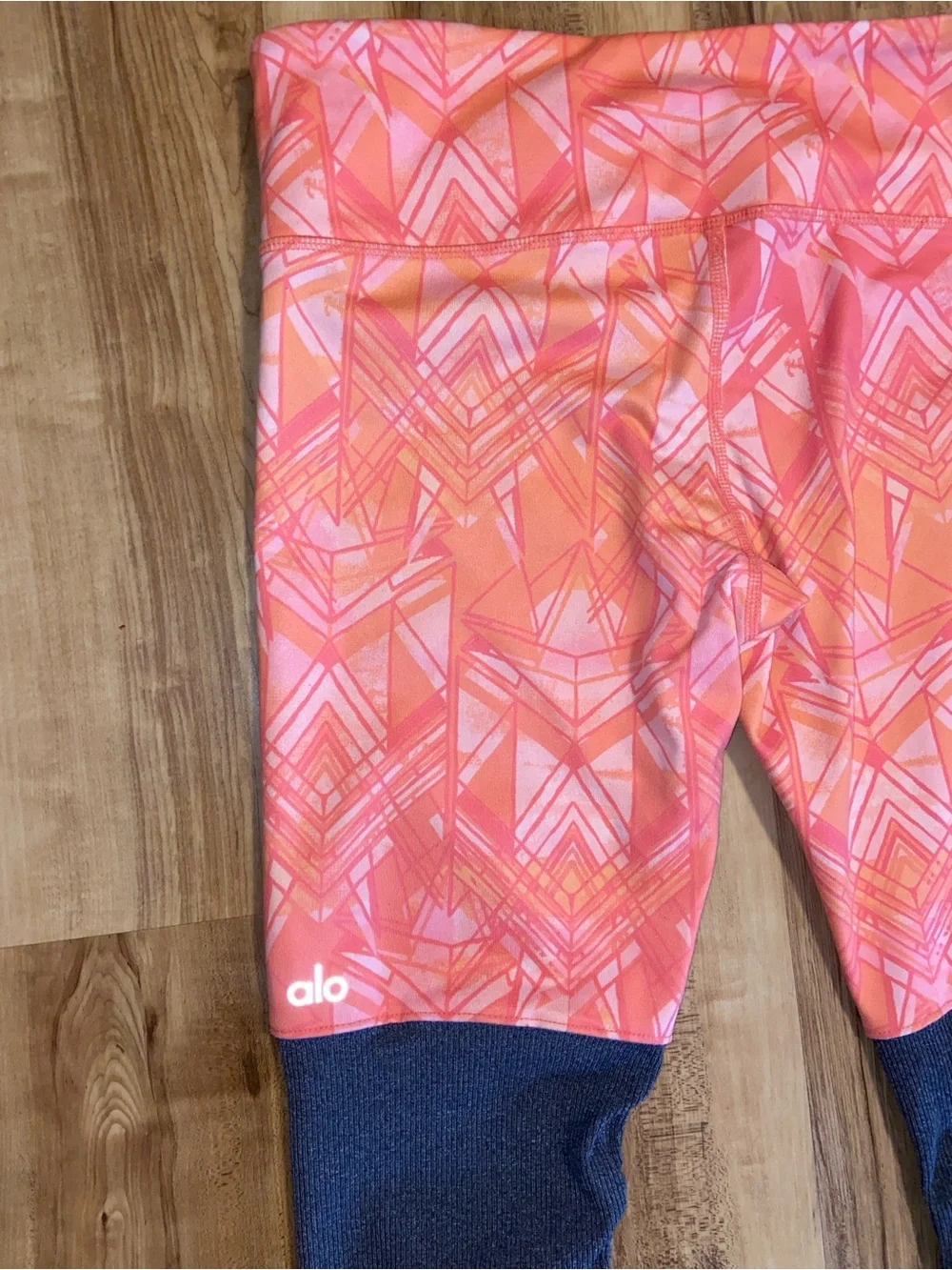 ALO Goddess Ribbed Coral Pattern and Gray Colorblock Leggings